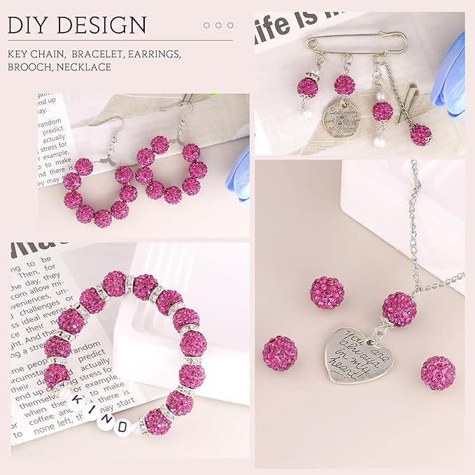 200 Pcs Fuchsia Rhinestone Beads for Jewelry Making, Sparkle Crystal Clay Christmas for Bracelet Baseball Necklace Earring Crafting and DIY, Shiny Round Shamballa Disco Ball Beads Bulk