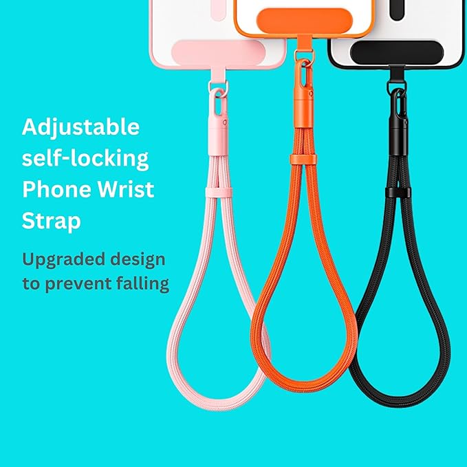 Minimalist Wrist Strap Phone Lanyard with Adjustable Drop-Proof Design, 7mm Reinforced Climbing Rope Material, 2 Phone Tether Tabs (Matching Metal and Rotatable Clear) - Classic Black