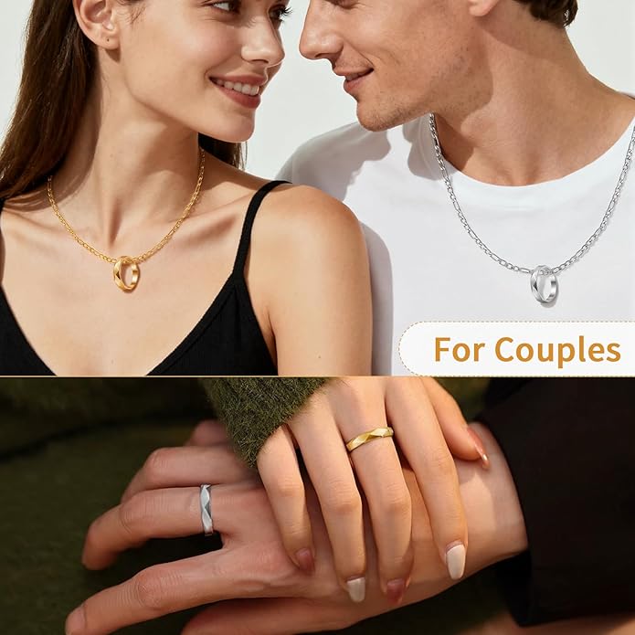 LAOLINTUS Matching Necklace for Couples Necklace Gifts for Women, Valentine’s Day Engagement Gifts for Her, Silver and 18K Gold Plated Figaro Chain for Girlfriend Wife with Double Ring