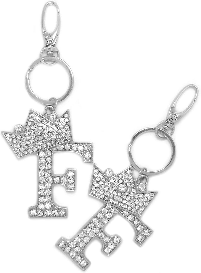CBC Crown Crystal Rhinestone Letter Initial Keychain, Gold Metal, Bag Charm with Key Ring Approx. 2.17" x 2.56"
