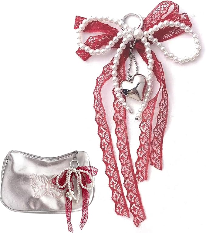 Pearl Bow Keychain Cute Y2k Lace Bowknot Keychain Coquette Aesthetic Accessories Bag Purse Handbag Backpack Charm