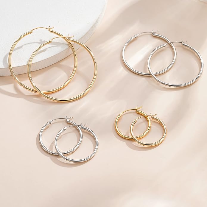 M MOOHAM 14K-Gold-Plated Hoop Earrings for Women - Hypoallergenic 14K Gold 925 Sterling silver-plated Post Sensitive Ears Nickel Free Hoops Earrings Set for Women Jewelry Lightweight 13-60mm