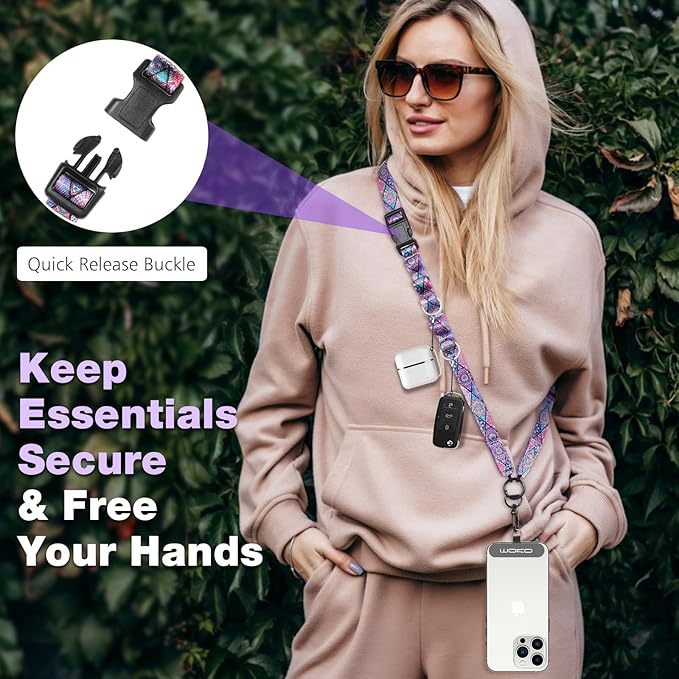 MoKo Boho Universal Phone Lanyard, Nylon Adjustable Cell Phone Crossbody Strap Detachable Women & Men Cellphone Lanyards Around the Neck with Patches for iPhone, Most Smartphones, Boho Colorful