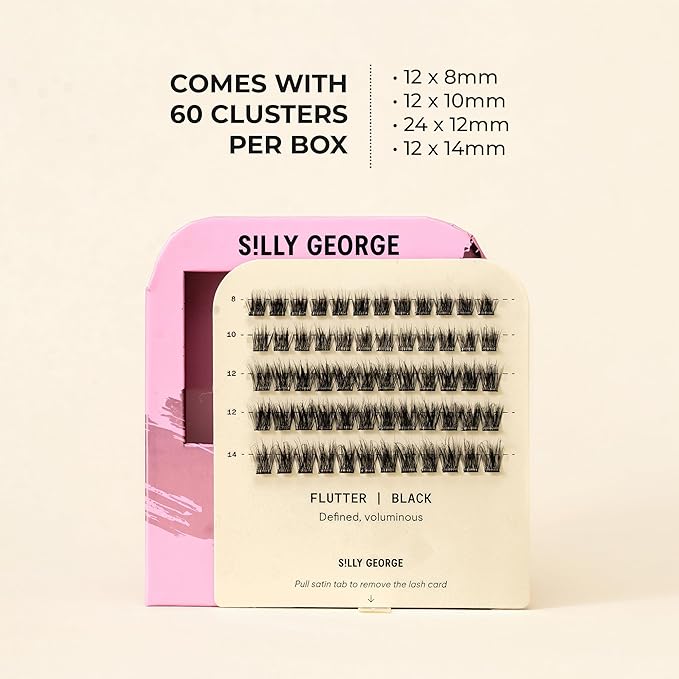 Silly George Pop-On Lashes - DIY 1-Step Pre-Glued Faux Eyelash Clusters, Natural Look Extensions, Black - Flutter, 5-7 Pair Set, Pack of 60 Clusters