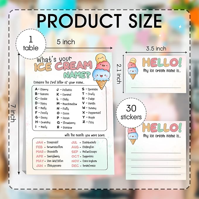 What's Your Ice Cream Name Game Set,Birthday Party Games for Kids and Adults,ICES Creams Party Decorations, Fun Summer Activity,1 Ice Cream Name Game Double Sided Sign and 30 Stickers,5x7 Inch