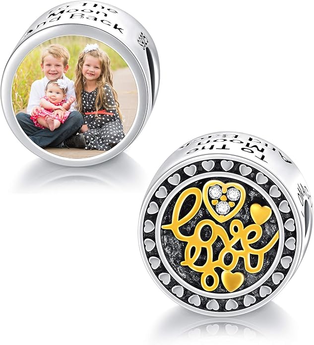 LONAGO 925 Sterling Silver Personalized Photo Charm Fit Compatible for Bracelet Necklace Customized Heart Round Shape Picture Bead
