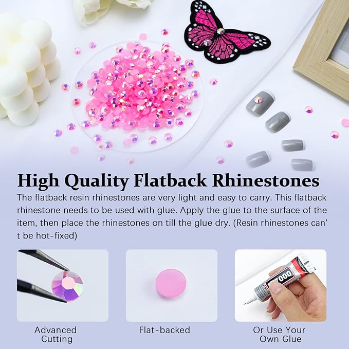 3000PCS Resin Flatback Rhinestone, 2mm 3mm 4mm 5mm 6mm Dark Pink AB Flatback Jelly Resin Rhinestones for Tumblers, Mugs, Bottles, Craft Decoration, Loose Bling Glitter Gem Stone