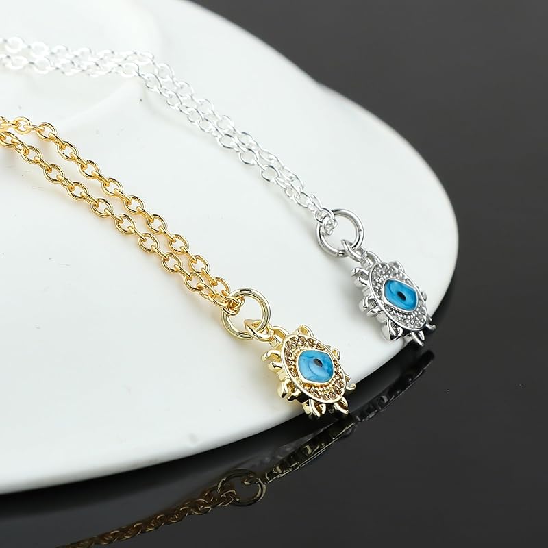 JOR Evil Eye Charm Pendant Necklace, Women Jewelry, Dainty Gold & Silver Plated Chain 18 inch (Pack of 2)