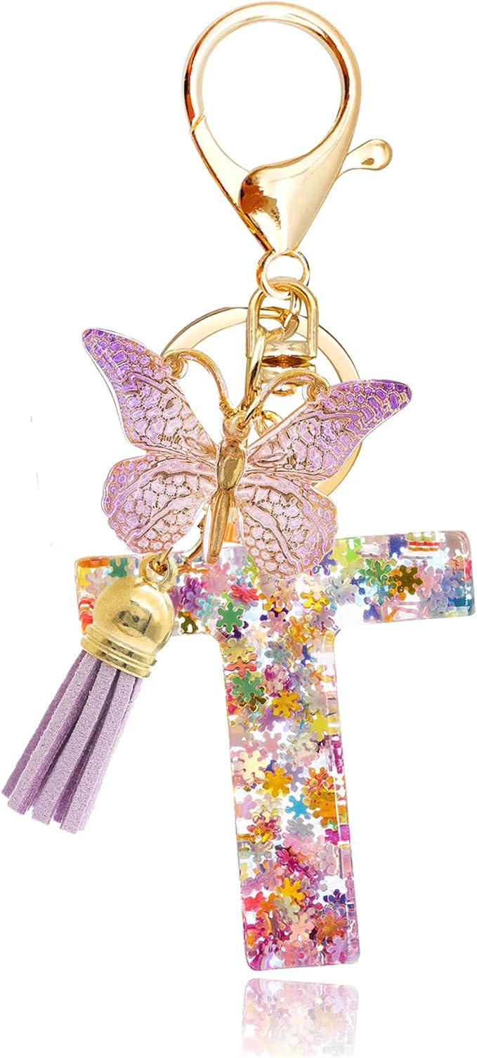 Fashion Alphabet Initial Letter Keychain Tassel Butterfly Pendant Key Ring for Purse Handbags Women Girl