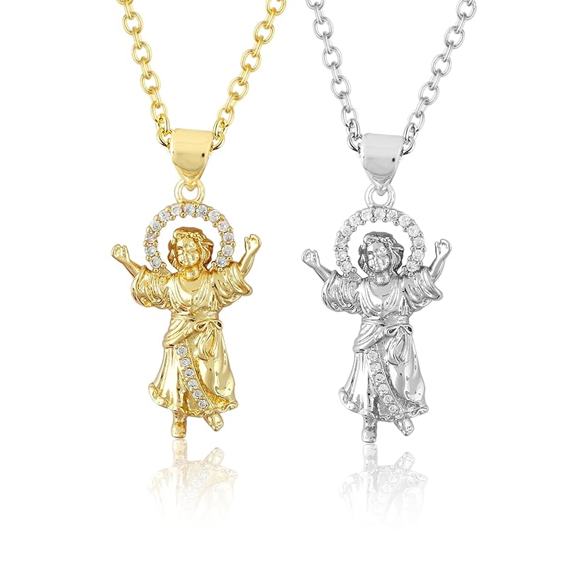 JOR Jejus Charm with CZ Pendant Necklace, Spiritual Charm, Men & Women Unisex Jewelry, Dainty Gold & Silver Plated Combo Chain 18 inch (Pack of 2)