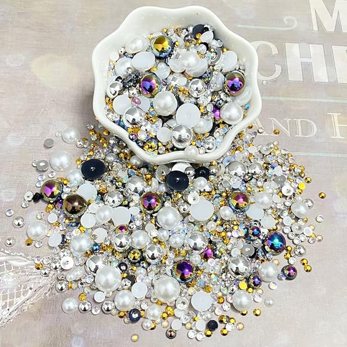 100g Mix Resin Rhinestones Flatback Half Round Pearls Mixed Size 3mm-10mm AB Color Half Pearls Resin Rhinestones for DIY Craft Nail Art Shoes Clothes Phone Case (Silver Series)