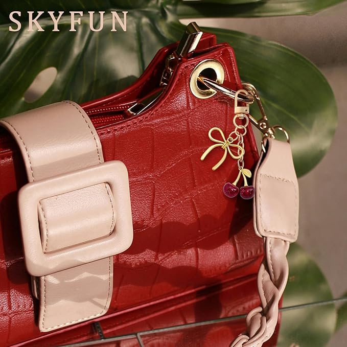 Tiny Cherry Keychain Cute Red Black Pink Cherry Key Chain for Women Glitter Small Bag Charms Car Keys Accessories
