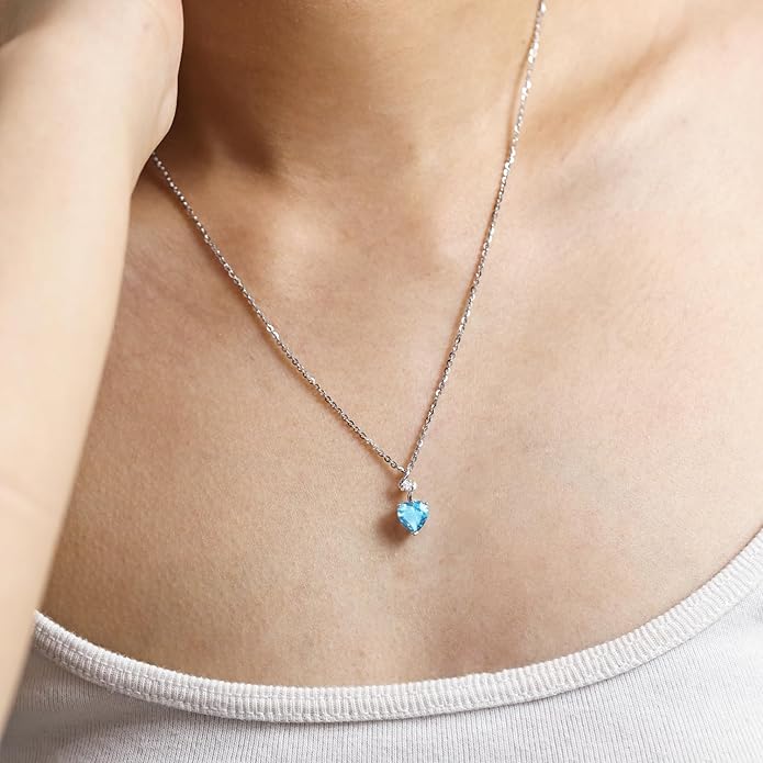 AGVANA Christmas Gifts 14K Solid White Gold Diamond Gemstone Pendant with Sterling Silver Chain 8mm Heart Birthstone Necklace Fine Jewelry Anniversary Birthday Gifts for Women Mom Wife
