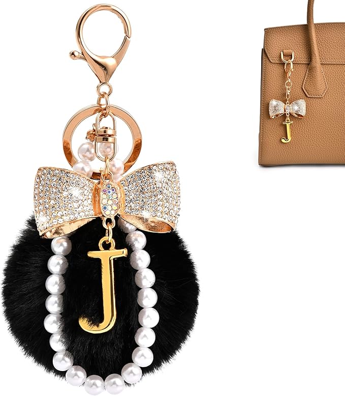 Gold Initial Keychain with Rhinestone Bow & Black Pom Pom, Cute Letter Bag Charm for Women Purse and Car Keys