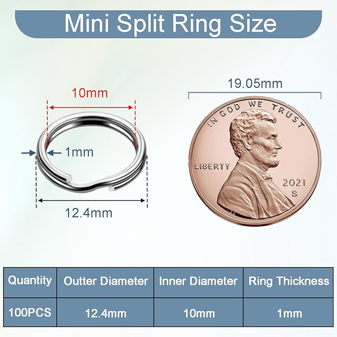 100PCS 1/2" Small Split Ring for Keychains, Double Loops Split Jump Rings Jewelry Making Necklaces Bracelets Earrings Metal Tiny Small Key Ring for Pet Collar Tag, Luggage Tag DIY Craft Accessories