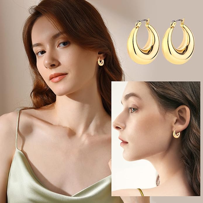 HILXURY Gold Chunky Hoop Earrings Set for Women, 14K Gold Plated Twisted Huggie Hoop Earring Hypoallergenic, Thick Open Hoops Set Lightweight