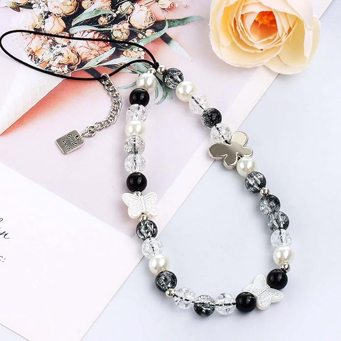 Draupnir 4pcs Phone Charms Strap, Butterfly Bow Camera Strap Wrist Beaded Phone Bracelet Wrist Straps, Pearl Bracelet Lanyard Keychain Charm for Women