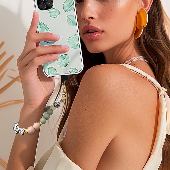 Marble Silicone Beaded Phone Wrist Strap, Cellphone Lanyard with Tether Tab, Elastic Hands-Free Wristlet Bracelet