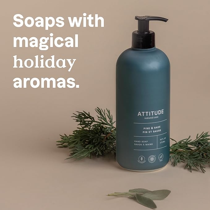 ATTITUDE Limited Edition Liquid Hand Soap, EWG Verified, Plant and Mineral-Based, Vegan Personal Care Products, Pine & Sage, 16 Fl Oz (Pack of 3)
