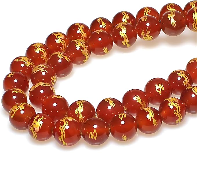 MJDCB Natural Stone Beads 12mm 30pcs Round Red Agate Carved Dragon Loose Gemstone Bead Charms for Jewelry Making Bracelet Necklace Earring Pendant