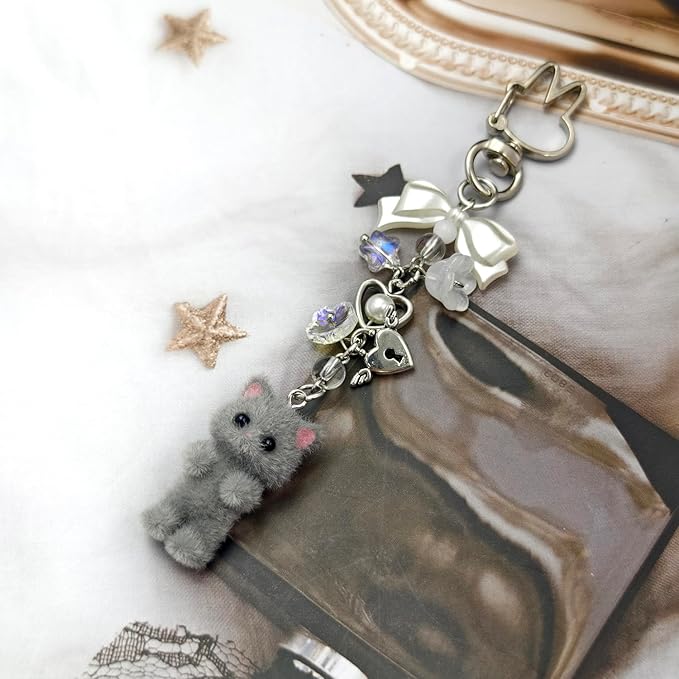 Cute Cat Keychain, Y2K Heart Bow Pendant, Kawaii Cat Bag Charm