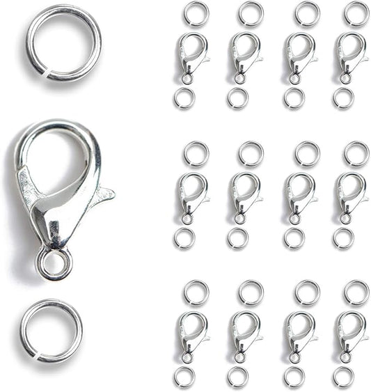 AD Beads 50 Pieces Lobster Claws Clasps Plus 100 Pieces 6mm Match Color Open Jump Rings for Necklace Bracelets Jewelry (7x12mm, Pewter)