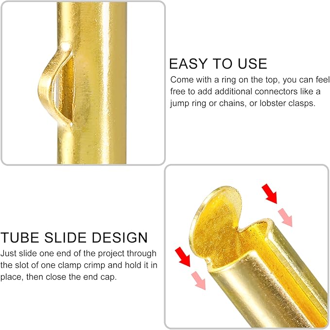 uxcell 100Pcs Slide on End Clasps, 25mm Tube Ball Bead Slider Crimp Ends for Multi-Strand DIY Craft Making, Gold Tone