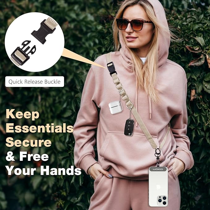 MoKo Universal Phone Lanyard, Nylon Adjustable Cell Phone Crossbody Strap Detachable Women & Men Cellphone Lanyards Around the Neck with Patches for iPhone, Most Smartphones, Light Khaki