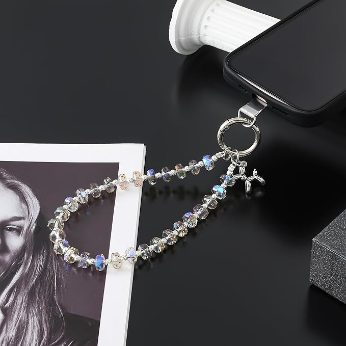 Crystal Phone Wrist Strap Phone Charm Chain Keychain Beaded Cellphone Lanyard with Tether Tab Hands-Free Wristlet Bracelet Wrist Grip Strap for Women, W-Light Purple