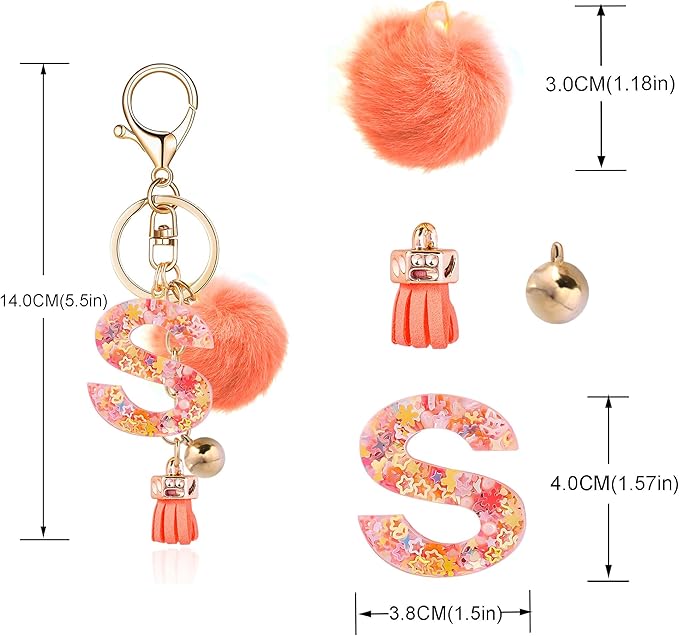 Resin Alphabet Initial Letter Keychain Keyring for Women Purse Handbags With Fur Ball Pom