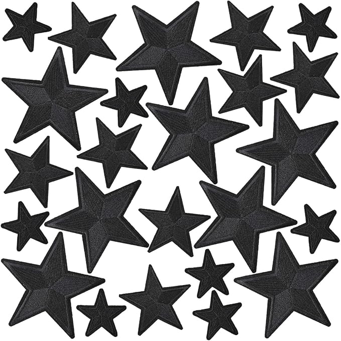 WILDREEDS 24 Pieces Star Iron on Patches, Star Embroidered Patch for Clothing, T-Shirt, Backpacks, Hats, Jeans, Jackets (Black)