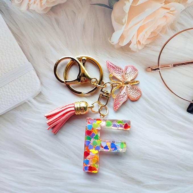 Cute Initial Letter Keychains for Women Girls Tassel Butterfly Pink Purple Green Keychain for Backpack School Bag