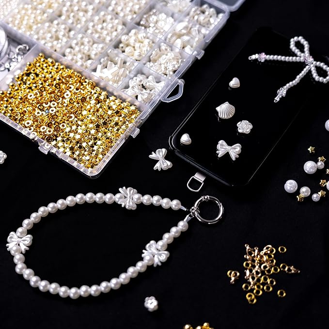 nikkiGuo 1300 Imitation Pearls, 4 Sizes of Round Pearls with Gold Beads, Various Shapes Set for Making Bracelets, Friendship Bracelets, Necklaces, Earrings DIY Decorative Beads