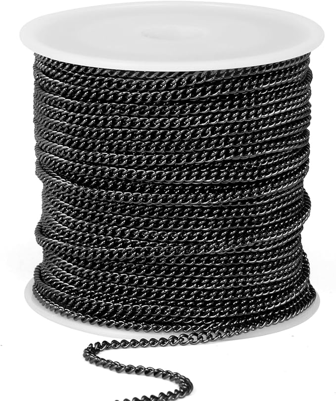 66FT Gunmetal Stainless Steel Curb Chains Roll, 2mm 304 Stainless Steel Black Flat Twisted Links Curb Chains Bulk Spool for Jewelry Making DIY Craft