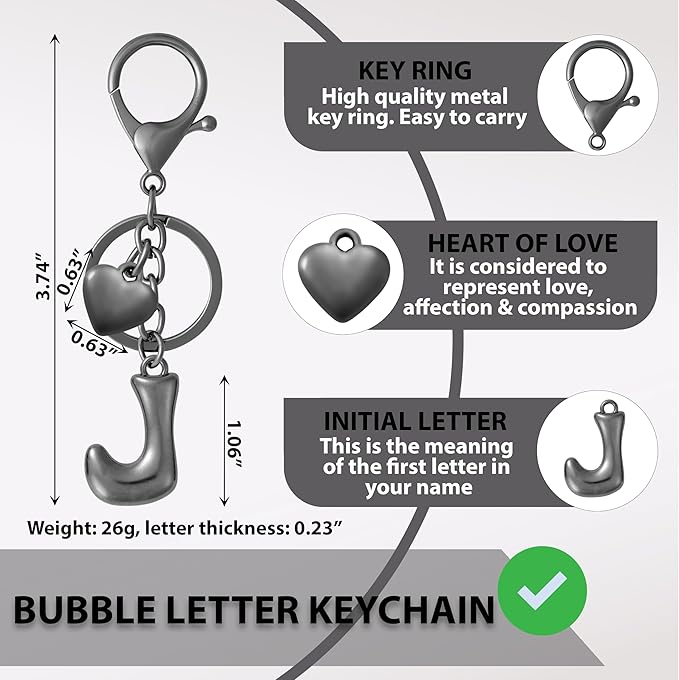 Heart Bubble Letter Keychain for Women, Girls - Cute Keychain with Initial - Alphabet Keychain for Bag Charm, Handbag