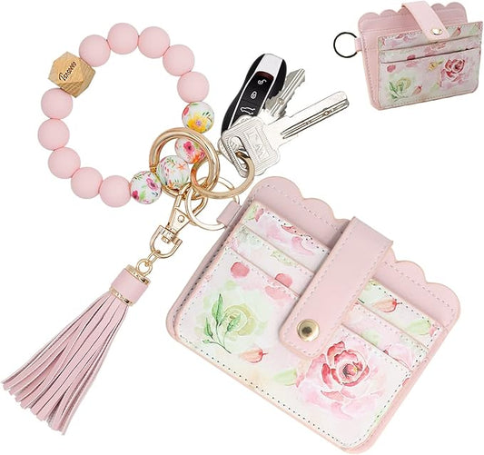 Keychain Wallet Wristlet Small Credit Card Holder Bracelet Key Chain Purse Bangle Tassel Beads Key Rings for Women