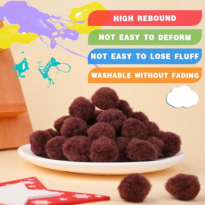 MORFEN 150 Pieces Pom Poms, 1 Inch Dark Brown Craft Pom Poms, Fuzzy Pompom Puff Balls, Small Pom Pom Balls for DIY Arts and Crafts Projects, Home Decorations