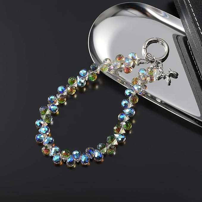Crystal Phone Wrist Strap Phone Charm Chain Keychain Beaded Cellphone Lanyard with Tether Tab Hands-Free Wristlet Bracelet Wrist Grip Strap for Women, D-Rainbow