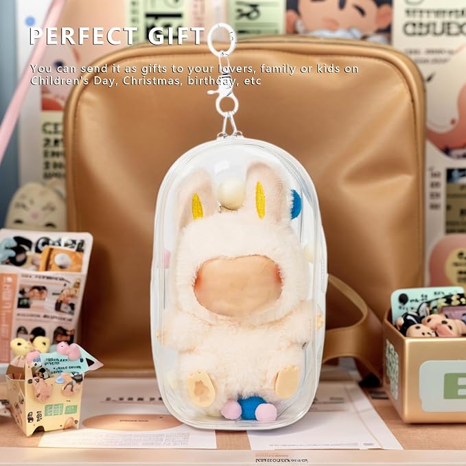 Clear Display & Storage Case for 17&15cm Plush Doll PVC Bag with Detachable Keychain for Collectible Toys and Cosmetics, Portable cases for Travel or Home Decor (white)
