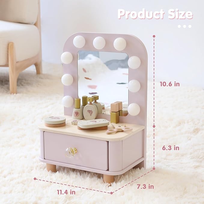 Freniland Wooden Toddler Vanity with Mirror and Light ,Kids Make Up Toy Set,11 Pcs Dressing Table Toy Includes Beauty Salon Set and Makeup Accessories,Pink Vanity for Girls Ages 3+