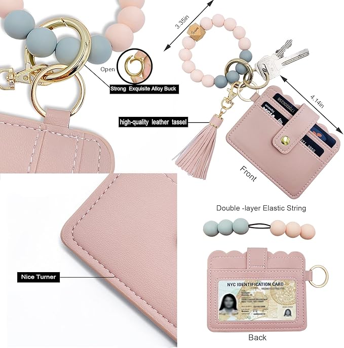 Keychain Wallet Wristlet Small Credit Card Holder Bracelet Key Chain Purse Bangle Tassel Beads Key Rings for Women