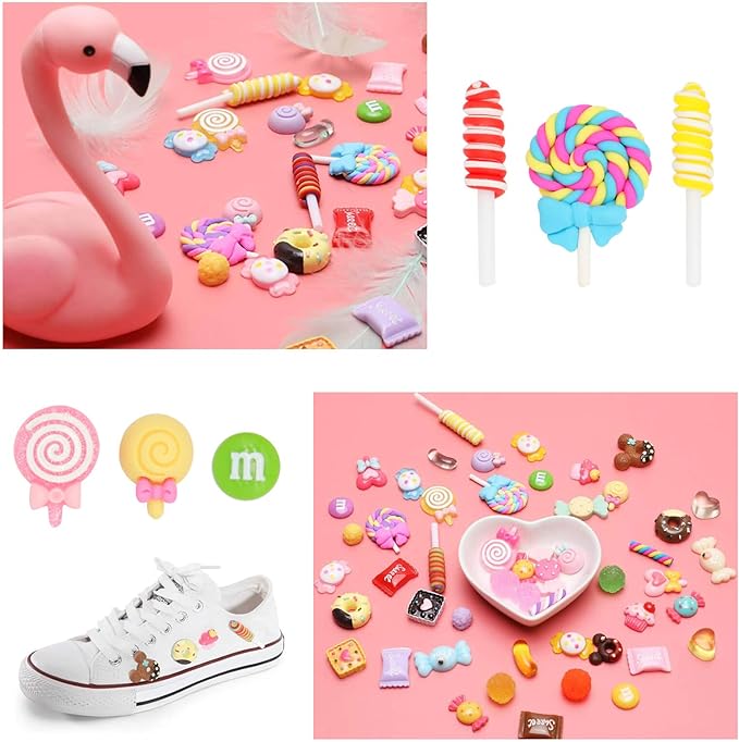 FENGWANGLI 50Pcs Cute Candy Slime Charms,Assorted Kawaii Resin Fake Candy Charms for Crafts,Mini Decoden Flatback Embellishments for Phone Junk Cases,Hairpins,Scrapbooking Crafting & DIY Decor