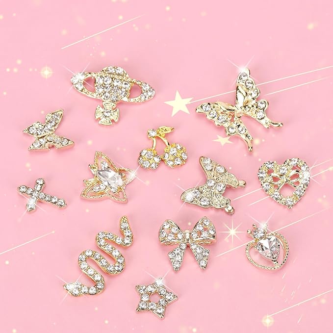 24PCS Nail Charms Y2k Alloy Nail Art Rhinestone Charms 3D Heart Bow Butterfly Charm with Rhinestones Cherry Nail Gems Shiny Jewelry Nail Decorations Accessories Supplies (SG)