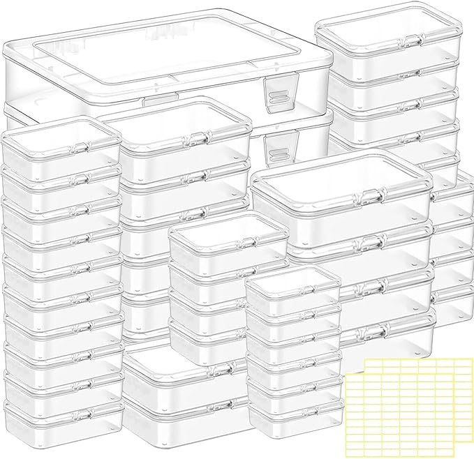 Bead storage container,44pcs of different sizes rectangular mini clear plastic storage box with hinged lid and label for bracelet making DIY jewelry craft nail organizer,Mix Size-2