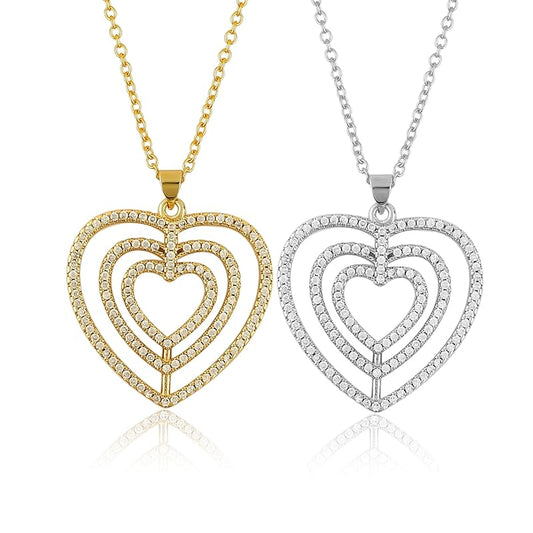 JOR Hearts in Heart Charm Pendant Necklace, CZ, Women Jewelry, Dainty Gold & Silver Plated Combo Chain 18 inch (Pack of 2)