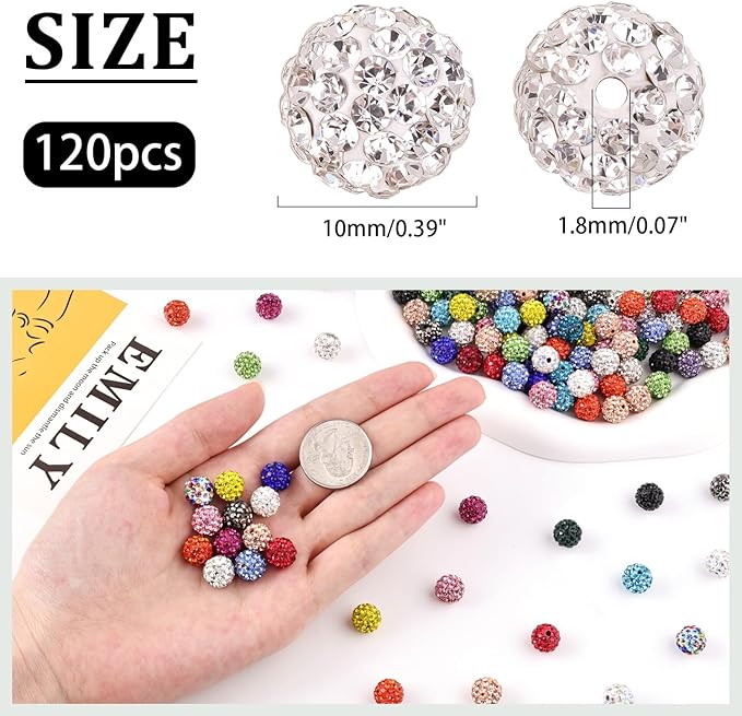120pcs 10mm Rhinestone Beads for Jewelry Making, Golden Shiny Round Shamballa Disco Ball Beads Bulk, Sparkle Crystal Clay Christmas for Bracelet Baseball Necklace Earring Crafting and DIY