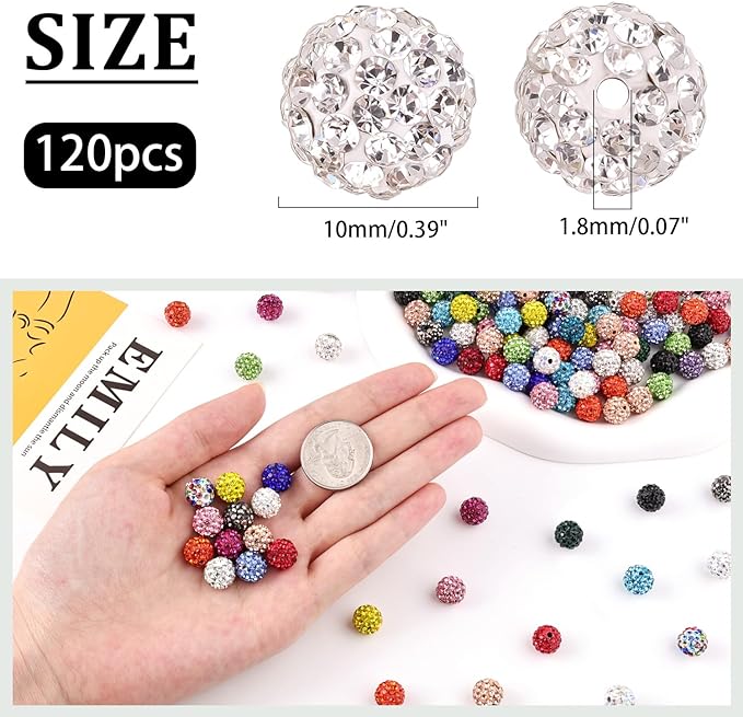 120pcs 10mm Rhinestone Beads for Jewelry Making, Light Blue Shiny Round Shamballa Disco Ball Beads Bulk, Sparkle Crystal Clay Christmas for Bracelet Baseball Necklace Earring Crafting and DIY