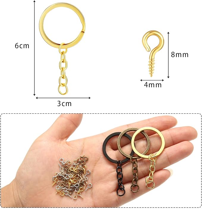 215 Pieces Keychain Rings Set Including 35 Pieces Keychain Rings with 35 Pieces Open Jump Rings and 180 Pieces Small Screw Eye Pins for Crafts and Jewelry Making (Mixed Colors,30 mm)