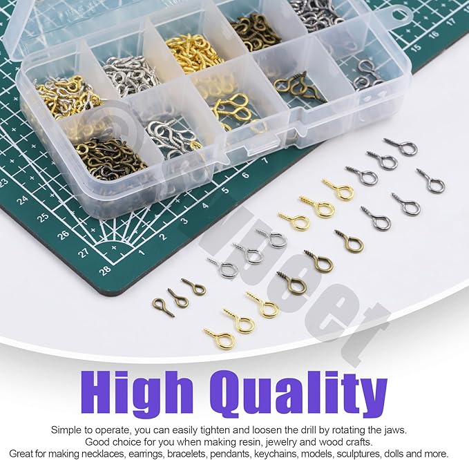 Swpeet 492Pcs Pin Vise Small Push Hand Drill and 0.8-3mm Drill Bits Set with Tweezer and 4/5/6mm Eye Screws Assortment Kit, Hand Drill for DIY Keychain, Jewelry Making, Resin Polymer Clay Craft