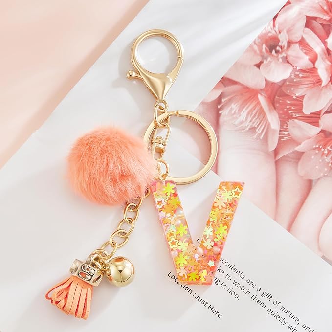 Resin Alphabet Initial Letter Keychain Keyring for Women Purse Handbags With Fur Ball Pom